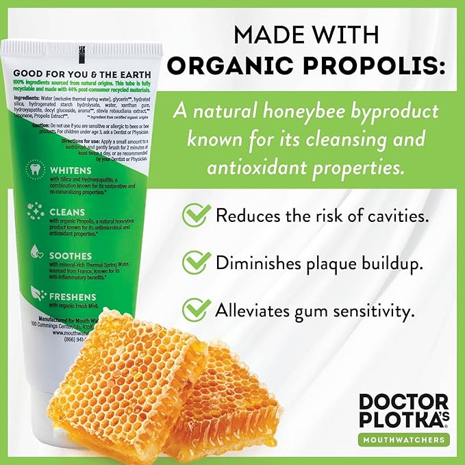 MOUTHWATCHERS Whitening Fluoride Free Naturally Sourced Toothpaste, 2 Tubes, 3 oz Each, for Sensitive Teeth and Gums, Fresh Organic Mint and Organic Propolis, by Dr. Plotka's
