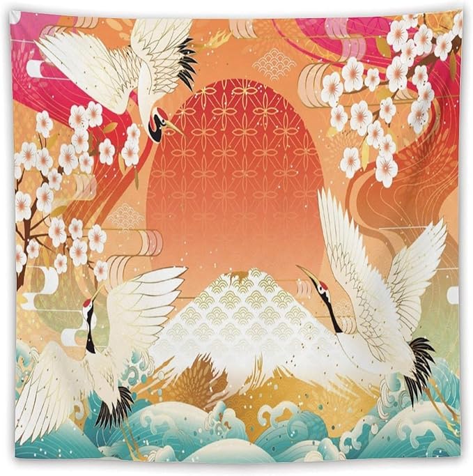 HZOHNAGO Japanese Tapestry Cherry Blossom Crane Sea Wave Fuji Mountain Red Sun Pattern Printed Wall Tapestry Painting Wall Hanging for Bedroom Living Room Dorm 60" W x 60" H