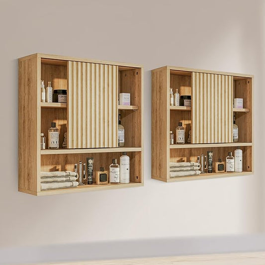 2 Pcs Bathroom Wall Cabinet Above Toilet Storage，Wall Mounted Storage with Adjustable Shelves, Space-Saving Modern Design for Bathroom & Laundry Room, Kitchen, Dining Room, Living Room