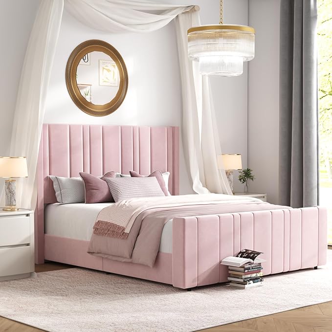 HOMBCK Queen Bed Frame Pink Upholstered Bed with Vertical Channel Tufted Headboard & 22" Footboard, Noise Free/Wooden Slats/Noise Free/No Box Spring Needed/Easy Assembly