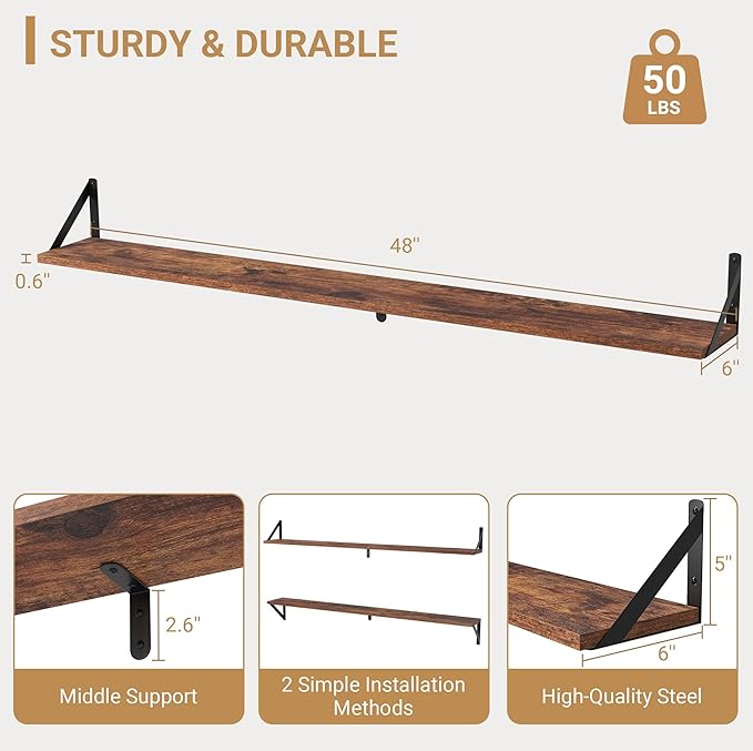 Heimlove 48 Inch Large Wall Bookshelves Set of 3, Wall Mounted Bookshelves,Heavy Duty Wooden Shelves for Living Room,Bedroom,Kitchen,Laundry Room Storage & Decor