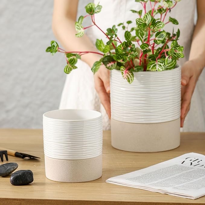 Nihow Self Watering Plant Pot for Indoor Plants: 4.5+6 Inch Ceramic Planter with Drainage Hole & Water Storage Plus - Cylinder Flower Pot with Wick for Herbs -White & Brown