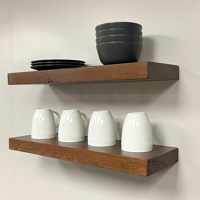 URBANDI, Rustic Floating Shelves, Set of 2, Hidden Bracket, Solid Wood, Heavy Duty, Wall Mounted Shelves, (Dark Brown, 12Wx8D)