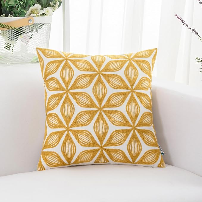HWY 50 Yellow Decorative Throw Pillow Covers 18x18 Inch (1 Piece), Embroidered Cotton Farmhouse Cushion Cover Pillow Case for Sofa Couch Living Room Bed, Fashion Geometric