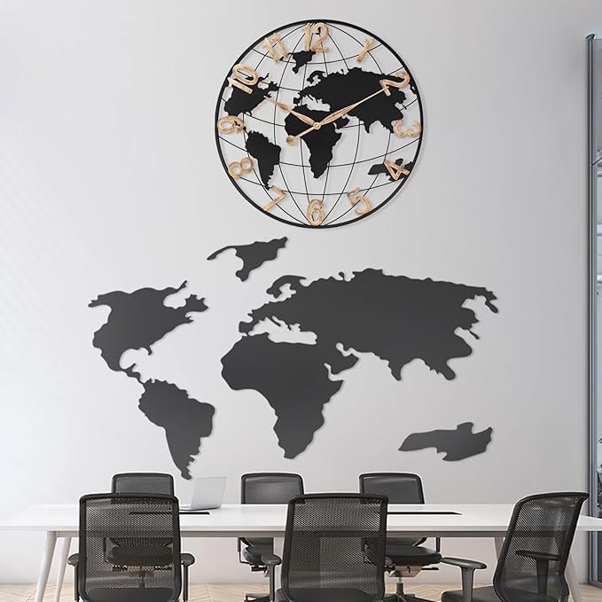 30 Inch Extra Giant Large Wall Clock Oversized,Black Big Metal Modern Decorative Silent World Map Wall Clock with Vintage Gold Arabic Numeral for Office,Living Room,Kitchen,Dining Room Decor