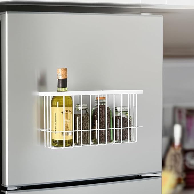 Magnetic Basket for Fridge, Magnetic Fridge Basket, Foil and Plastic Wrap Organizer with 4 hooks, Laundry Room Organization for Dryer Ball, Cling Film, Mail, Umbrella, White, 2 Pack