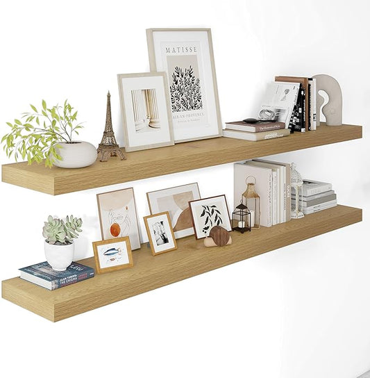 12 Inch Deep Floating Shelves 55 inch Long, 55 x 12 Wide Wall Shelves with Invisible Brackets, Heavy Duty Shelf for Bedroom Bathroom Living Room Kitchen Office Home Decor, Modern Shelf Set of 2, Oak
