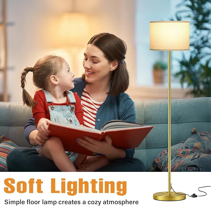Ambimall 60'' Modern Floor Lamp with Shade, Tall Lamps for Living Room, Bedroom, Office, Dining Room, Beige Shade with Brushed Gold Pole(Without Bulb)