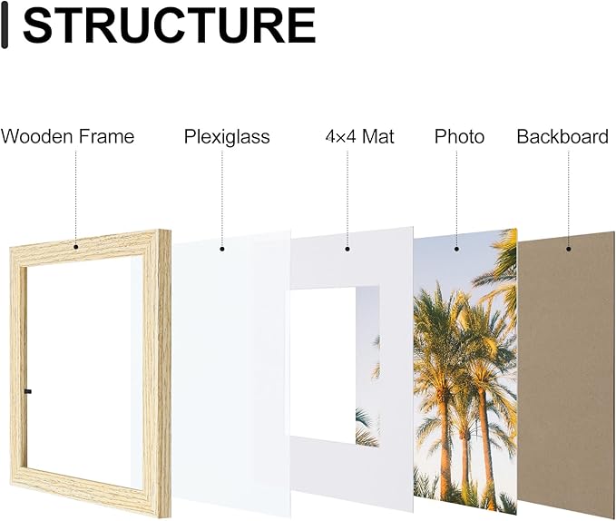 Vittanly 8x8 Picture Frames Set of 9, Shatter Resistant Plexiglass, Display 4x4 Pictures with Mat or 8x8 without Mat, Photo Frames for Wall Mount, Engineered Wood, OAK