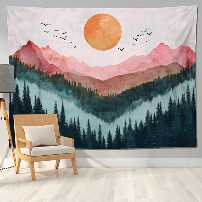 keowhsf Sunset Mountain Forest Tapestry - Large Nature Landscape Wall Hanging, Aesthetic Pine Tree Scenery Wall Art for Bedroom & Living Room Decor