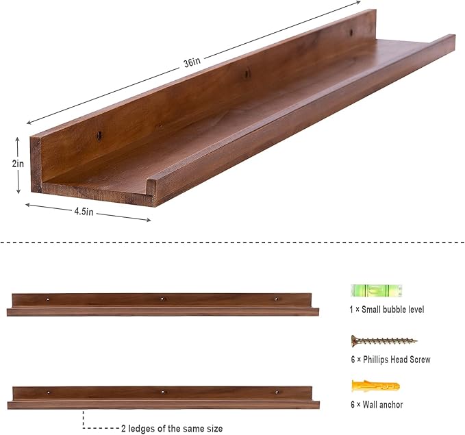 AZSKY Light Walnut Color Wood Wall Floating Shelves for Wall 36 Inch Bookshelf Wall Mount Picture Photo Frames Display Rack with Ledge Decorative Storage Shelves a Set of 2