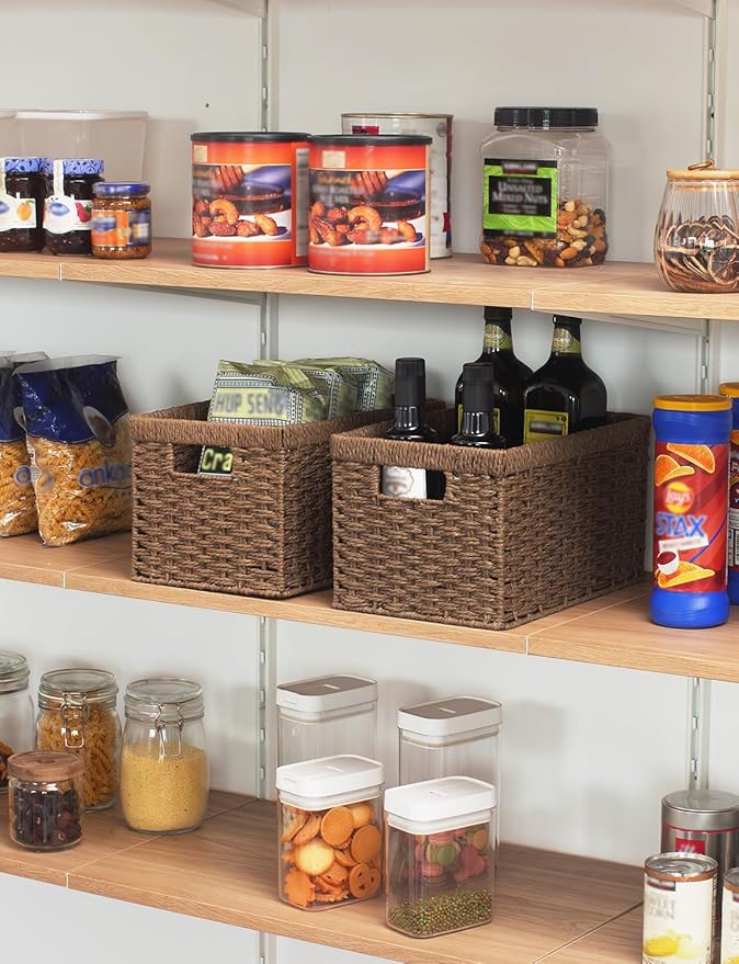 StorageWorks Round Paper Rope Storage Baskets, Rectangular Wicker Baskets with Built-in Handles, Medium, 2-Pack