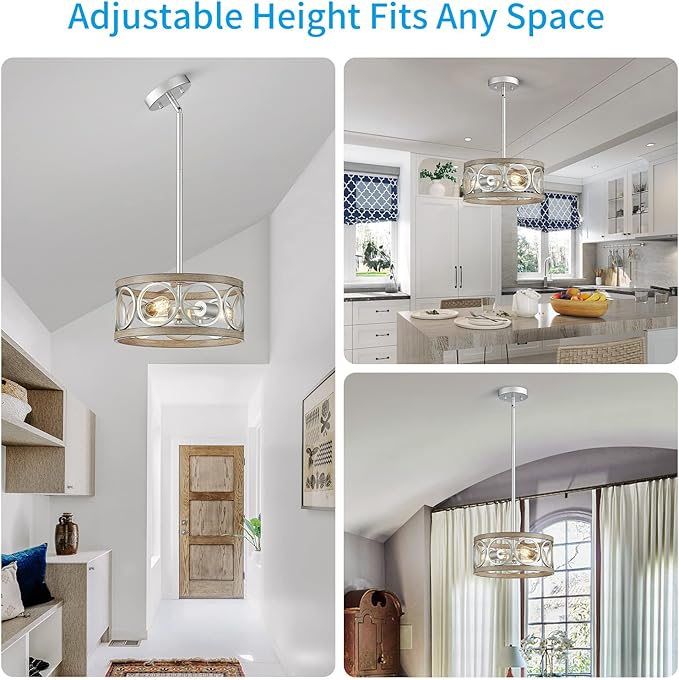 XINGQI Modern Ceiling Light Adjustable Height Pendant Lighting Fixture Brushed Nickel Wood Grain Metal 13" Rustic Round Lights for Dining Room Kitchen Bedroom Foyer Hallway