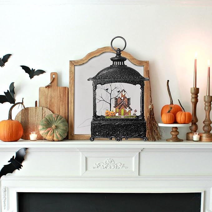 Halloween Snow Globe Lantern Haunted House Pumpkin Ghost Tree Crow Rip Dancing Bats with Timer, USB and Battery Powered 12 inch