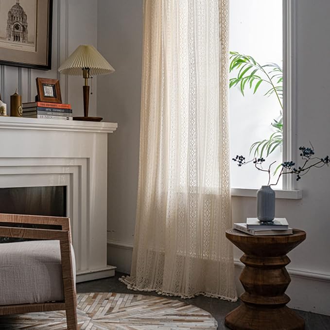 Sutuo Home Boho Curtain Crochet Lace Semi-Sheer Florals Hollow Knitted Handmade Tassels, Rod Pocket Window Treatment Vintage Rustic Farmhouse Drapes for Living Bedroom, 1 Panel 59" W x 84" L, Beige