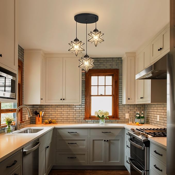 Farmhouse Glam Chandelier with Glass Star Pendants Light Fixture Elegant Ceiling Hanging Lights Included Warm Light Bulbs Black