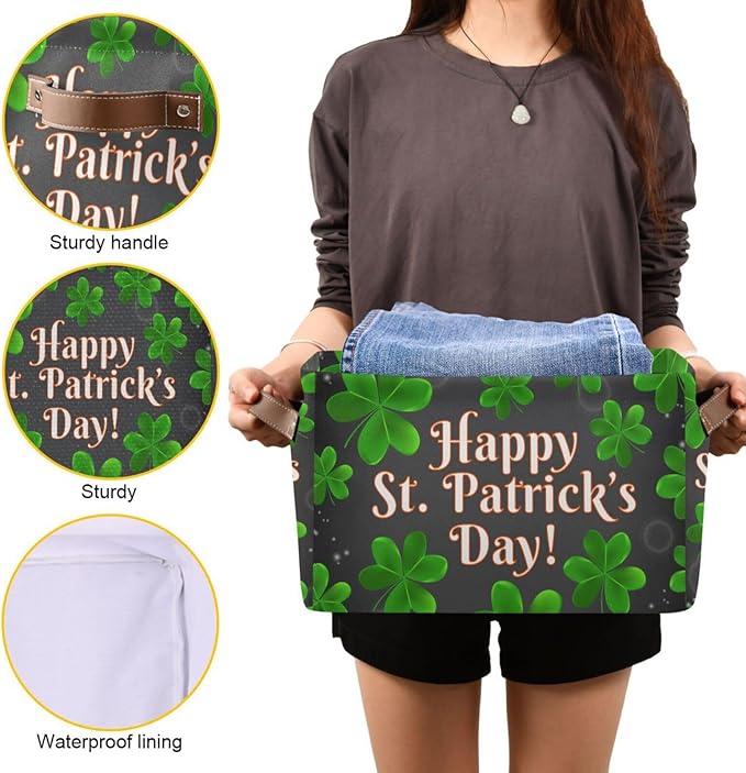 Storage Basket Happy St Patrick's Day Cube Storage Bins Organizer Bag Collapsible Closet Shelf Baskets with handle for Baby Cloth Pet Toy Book 14.2×10.2×8.3 IN