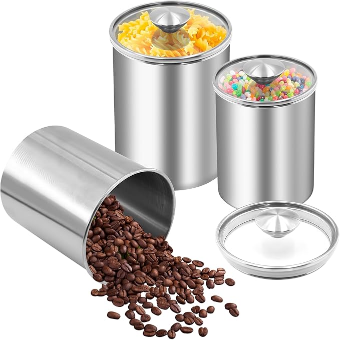 ENLOY Stainless Steel Food Storage Container Set of 3, 88/61/29 oz with Clear Glass Lids - Ideal for Coffee, Tea, Sugar, Flour Canisters