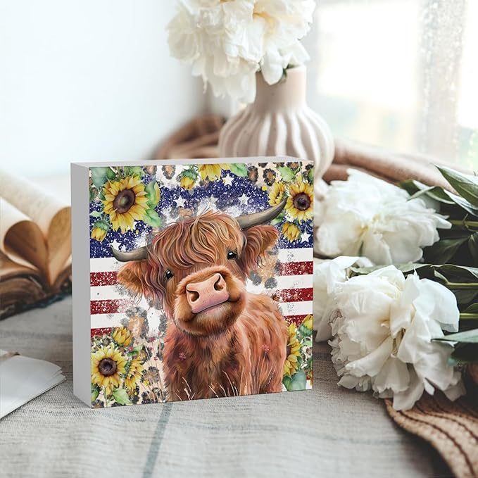 Cute Highland Cow Patriotic Baby Decor, Highland Cow Sunflower Decor, Wooden Box Decor Sign for Home Farmhouse Office Living Room Table Shelf