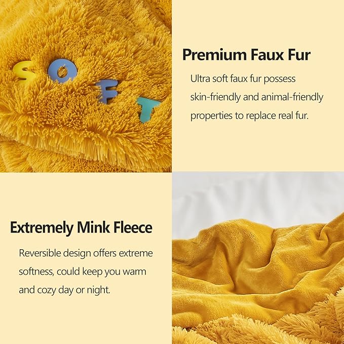 GONAAP Fuzzy Faux Fur Throw Blanket Queen Size Mustard Yellow Super Soft Cozy Plush Fuzzy Shaggy Blanket for Couch Sofa Bed (Mustard Yellow, Queen(90"x90"))