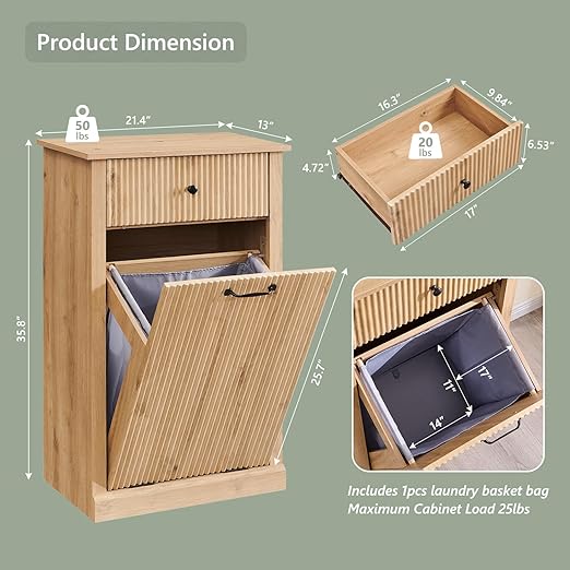 Modern Tilt-Out Trash Can Cabinet, 10 Gallon Fluted Laundry Hamper Cabinet with Drawers, Wooden Hidden Garbage Can Cabinet w/Storage Basket, Free Standing for Kitchen & Living Room,Natural Oak