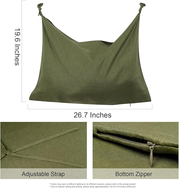 Hanging Linen Laundry Bag, 100% Pure Flax Linen Over The Door Hamper with Bottom Zipper for Laundry Room, Household Dirty Cloth Storage Organizer Bag, Army Green