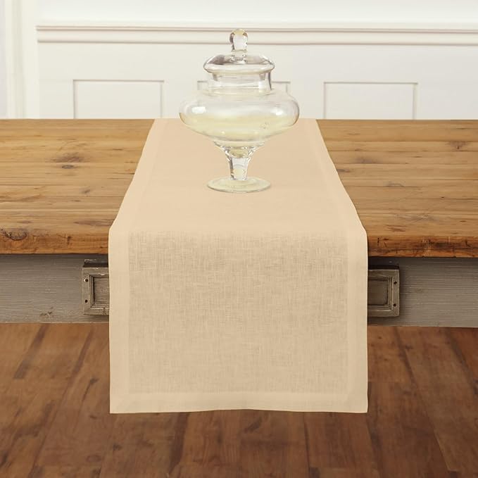 Solino Home Linen Beige Table Runner 60 Inches - 100% Pure Linen Small Table Runner 14 x 60 Inch Ideal for Dresser and Coffee Tables - Fall, Autumn, Thanksgiving - Fete