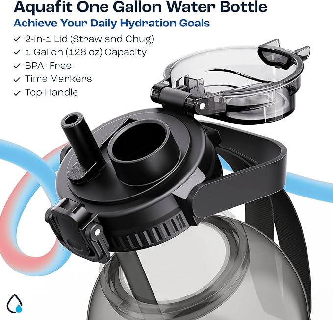 AQUAFIT 128 oz Water Bottle with Time Marker - 2in1 Straw & Chug Lid - BPA Free Big Jug with Straw - Gym Water Bottle with Strap (128 Ounces, Clarity)