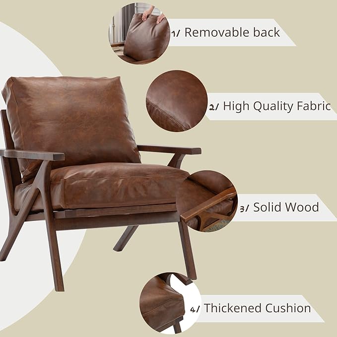 Wahson Brown Leather Mid-Century Modern Accent Chair and Ottoman Set, Retro Upholstered Armchair with Wood Frame and Removable PU Cushions, Large Leisure Slipper Chair for Living Room/Bedroom