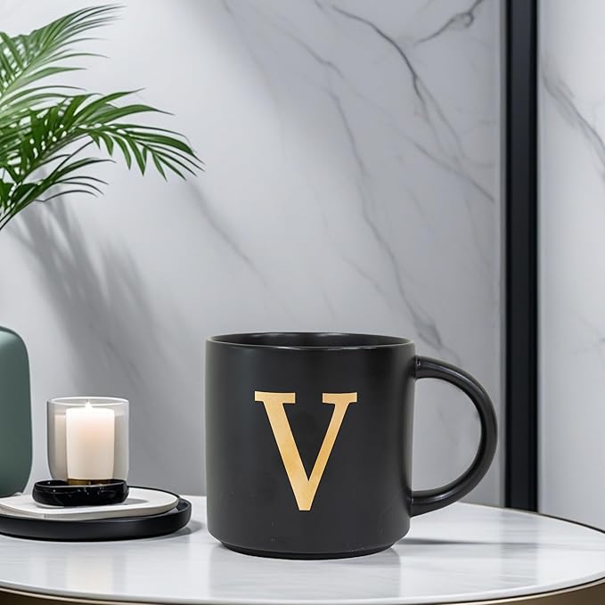 COLLECTIVE HOME - Monogram Ceramic Mugs, 15 oz Golden Initial Black Coffee Cups, Elegant Alphabet Tea Mugs, Elegant Personalized Mug with Gift Box, Unique Mug with Double Side Capital Lette (V)