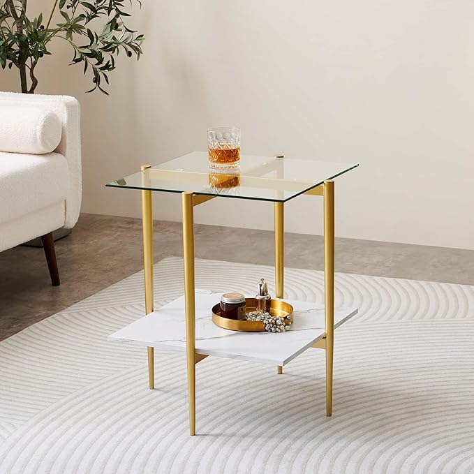 Square Glass End Table, Mid-Century Modern Design Sofa Table, for Living Room, L18 x W18 x H23, Clear Glass Top and White Marble MDF Shelf, Sleek Conical Metal Legs with Gold Finish