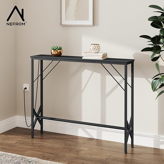 39.4" Console Table, Skinny Entryway Table with Fast-Charging Station, Narrow Long Sofa Table, Behind Slim Couch Table for Entrance, Hallway, Living Room Decor ST-BK100-1