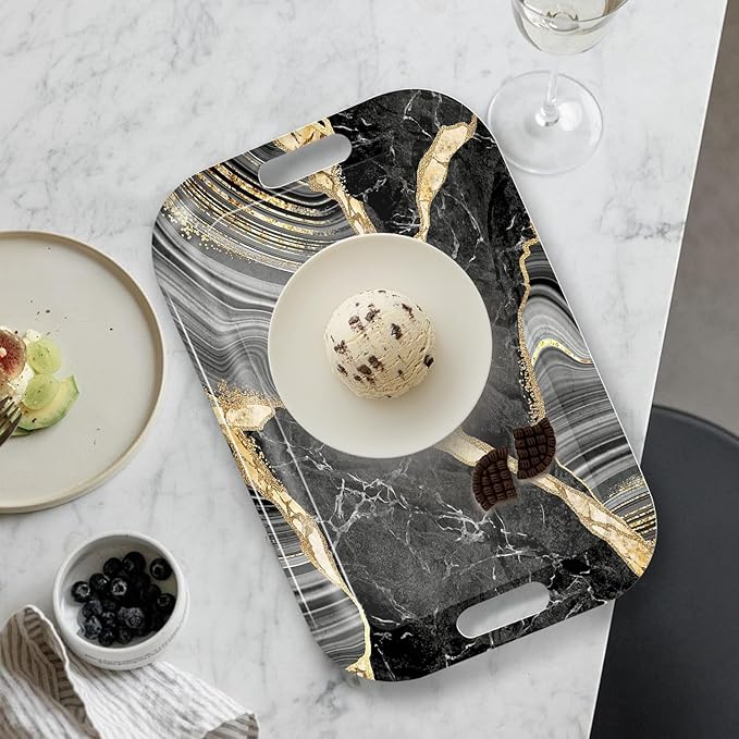 Serving Trays with Handles, 14.5 x 9.8 inch Rectangular Plastic Tray for Restaurant, Kitchen, Abstract Background Black Marble