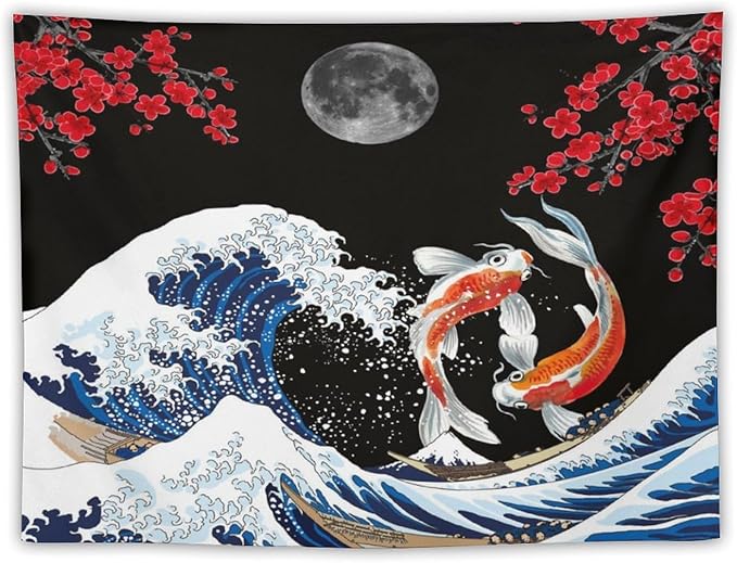 Houselerax Japanese Koi Fish Tapestry, Yin Yang Big Wave Red Cherry Blossom Tapestries Wall Hanging for Bedroom Living Room Office Decor 90"x60"