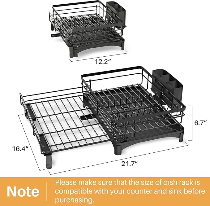 Dish Drying Rack - Extendable Dish Rack, Large Sink Drying Dish Drainer for Kitchen Counter, Stainless Steel Dish Strainer with Utensil Holder (Black)