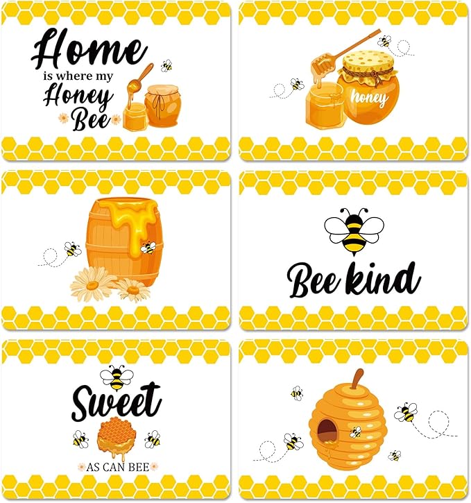 Honey Bee Placemats Set of 6 Summer Plastic Table Mats Yellow Bee Theme Placemats Washable Farmhouse Rustic Holiday Table Decoration for Indoor Outdoor Party Kitchen Dining
