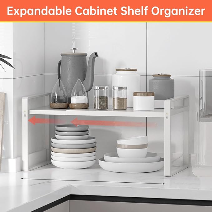 Cabinet Shelves Organizer for Kitchen 11", Expandable Shelf with Adjustable Length, Metal Countertop Organizer, Fits Pantry, Over the Sink, Spices, Microwave & Dishes Storage, White (2 Pack)