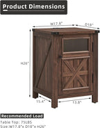 JXQTLINGMU Farmhouse End Table with Charging Station, 18'' Rustic Nightstand with Barn Door & Adjustable Shelf, Wooden Sofa Side Table with 3-Tier Storage for Living Room, Bedroom, Brown
