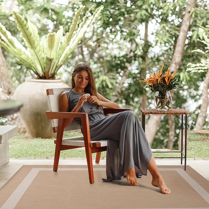 CAMILSON Outdoor Rug 8x10, Modern Outside Rugs for Patios Porches Waterproof Durable Washable Non-Shedding, Easy-to-Clean Indoor Outdoor Area Carpet (8 x 10, Bordered - Beige/White)