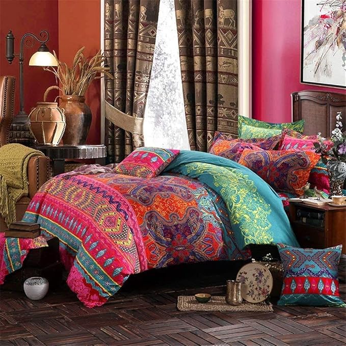 ABREEZE 3Pcs Bohemia Retro Bedding Ethnic Vintage Floral Duvet Cover Boho Bedding 100% Brushed Cotton Bedding Sets Damask Paisley Coloful Mandala Down Comforter Cover,Cal.King