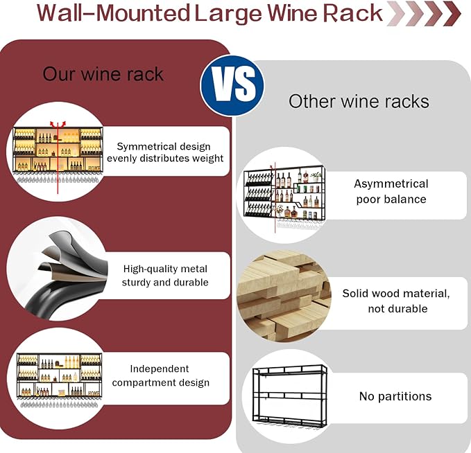 51Inch Wall Mounted Wine Rack, 3 Tiers Large Bar Shelves with 12 Glass Holder, Metal Wine Bottle Display Shelf, Modern Iron Liquor Shelf, for Kitchen Dining, Home Bar, Cellar (51.1" W)