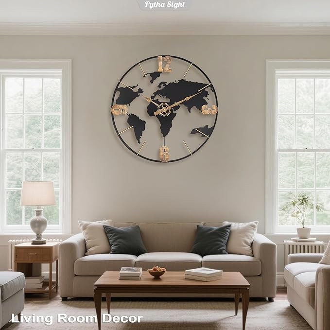 30 Inch Large Modern Decorative Metal World Map Wall Clocks Giant Extra Vintage Gold Arabic Numeral Oversized Wall Clock for Living Room,Office,Dining Room,Entryway,Fireplace