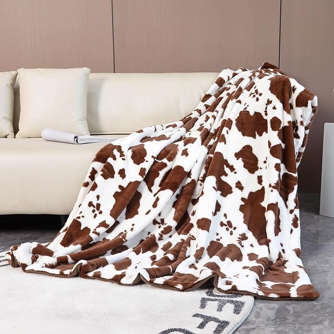 RYNGHIPY Cow Print Blanket for Sofa Couch Double Sided Flannel Animal Design Brown Throw Blanket (Brown, 51''x63'')
