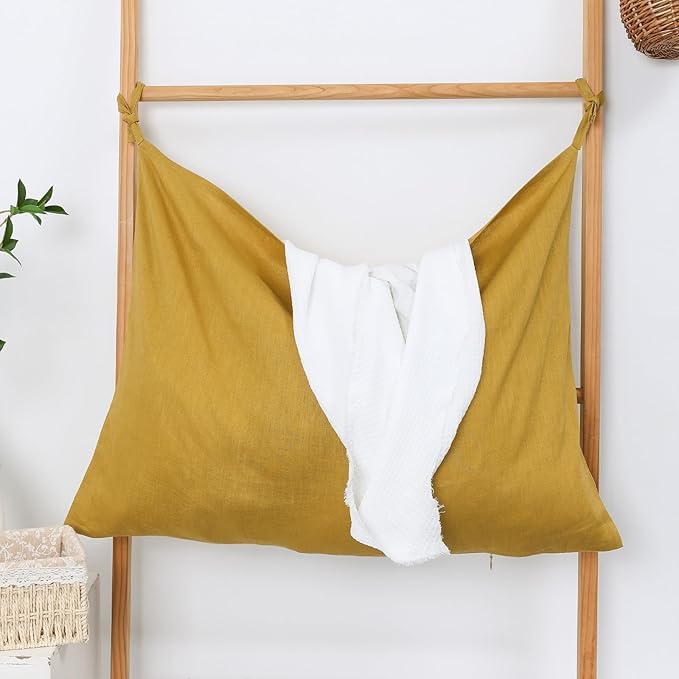 Hanging Linen Laundry Bag, 100% Pure Flax Linen Over The Door Hamper with Bottom Zipper for Laundry Room, Household Dirty Cloth Storage Organizer Bag, Turmeric