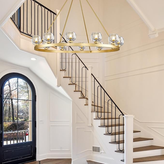 Gold Wagon Wheel Chandelier, 48 Inch Brass Chandeliers with Unique Glass Shade, 12-Light Crystal Large Wagon Wheel Chandeliers for Dining Room, High Ceiling Round Chandelier for Living Room, Foyer