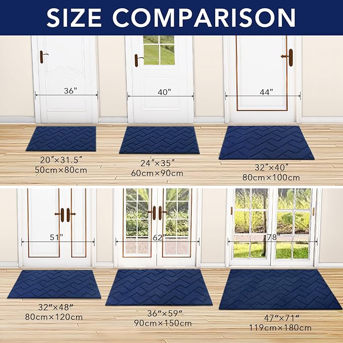 hicorfe Indoor Doormat,Front Back Door Mat Rubber Backing Non Slip Door Mats 20"x48" Absorbent Resist Dirt Entrance Doormat Inside Floor Mats for Entryway Washable Low-Profile(Navy Blue)