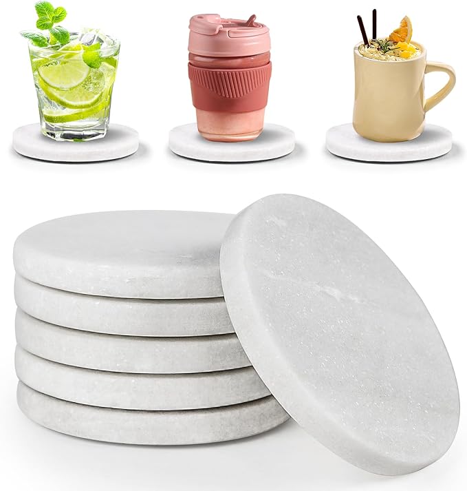 White Marble Coasters with Bling Particles, Set of 6 - Natural Marble Stone Drink Coaster with Protective Silicone Feet, 4 inch Diameter, 0.4 inch Thick - Heat-Resistant Coasters for Coffee Table