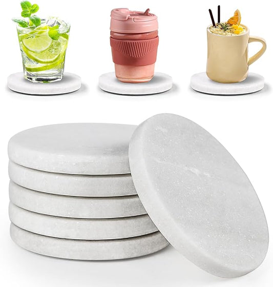 White Marble Coasters with Bling Particles, Set of 6 - Natural Marble Stone Drink Coaster with Protective Silicone Feet, 4 inch Diameter, 0.4 inch Thick - Heat-Resistant Coasters for Coffee Table