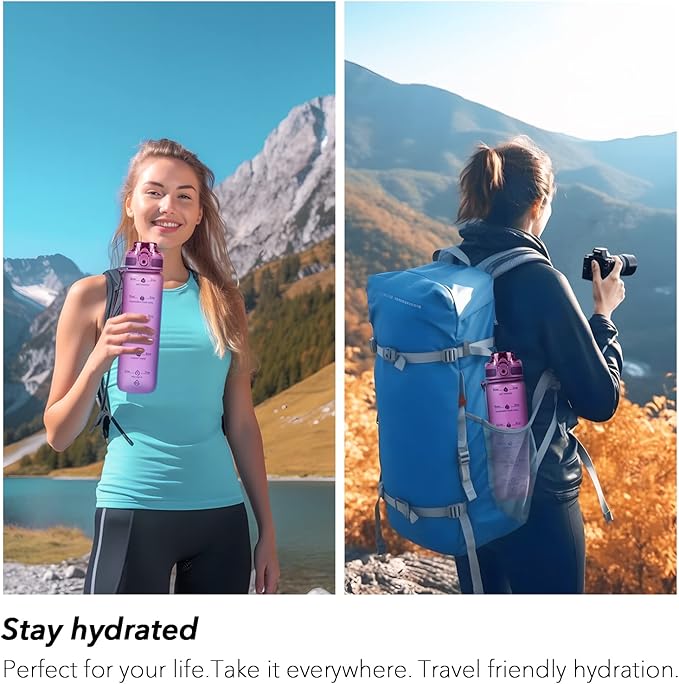 32oz Motivational Water Bottles with Time Marker & Fruit Strainer, Transparent Gradient Color Water Bottle with Times to Drink, Leakproof & BPA Free, Reusable Bottle with Strap (No Straw)