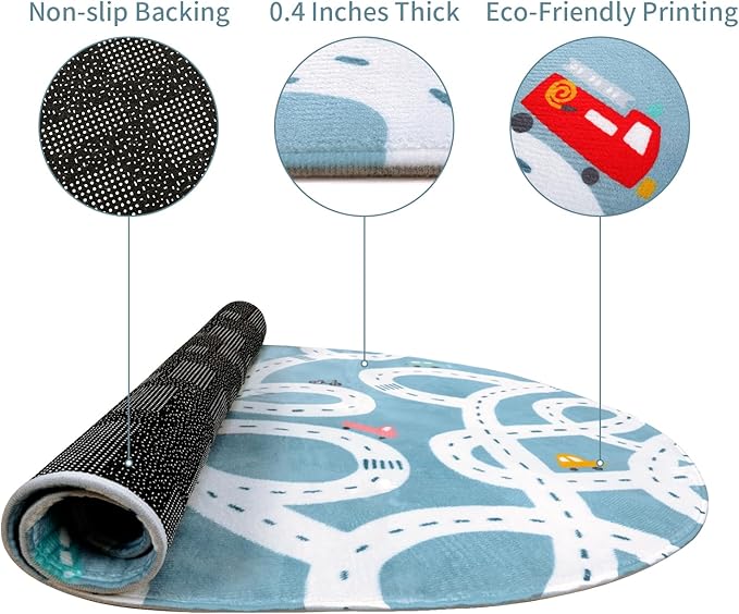 STARUIA Small Road Rug for Kids Room, 3'x5' Washable Kids Play Rug for Baby Nursery, Non-Slip Car Rugs for Playroom, Kid Play Mat Blue Traffic Carpet for Boys Girls Dorm Toy Room Tent